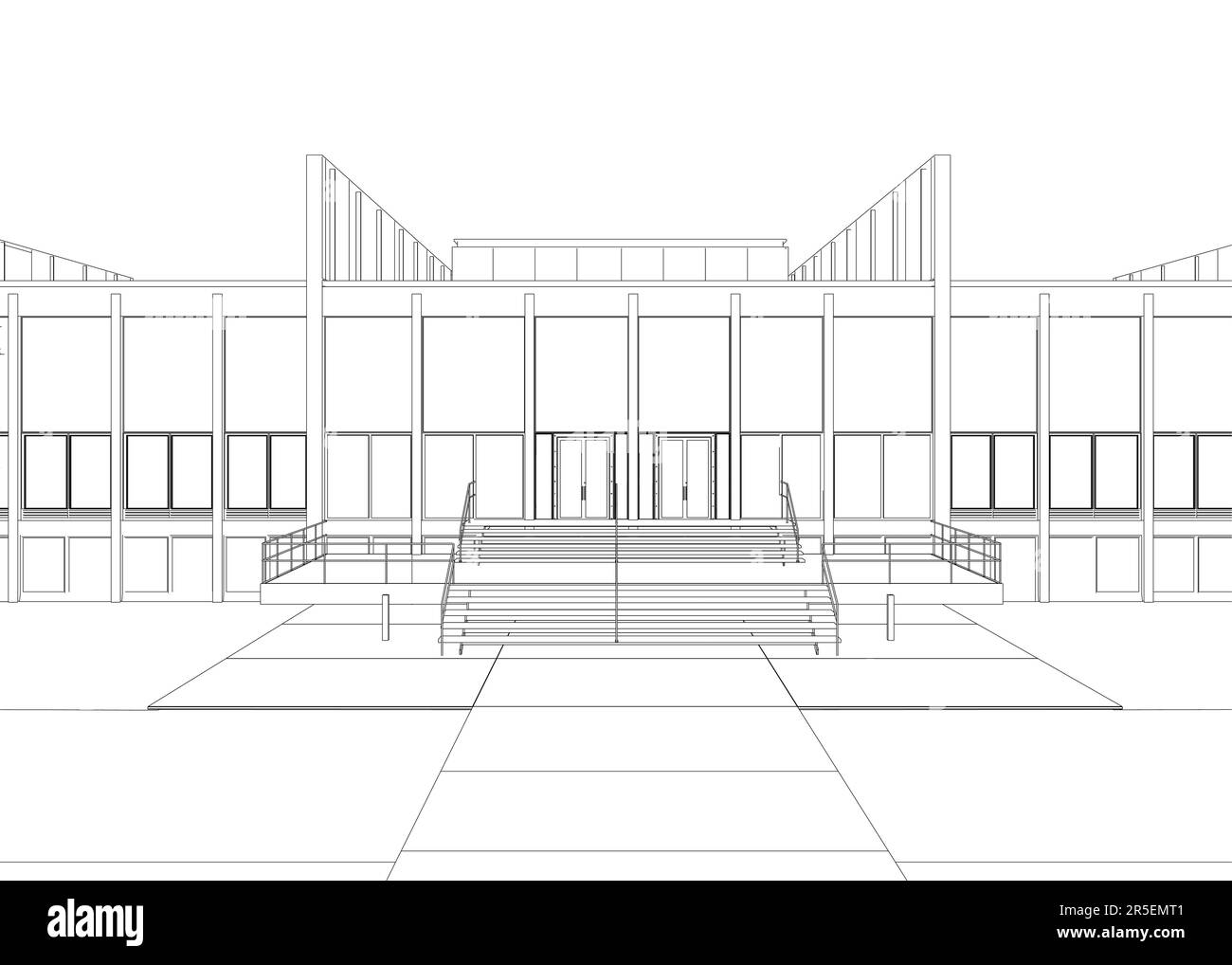 Il profilo dell'entrata di un grande edificio dalle linee nere isolate su uno sfondo bianco. Vista frontale. 3D. illustrazione vettoriale. Illustrazione Vettoriale