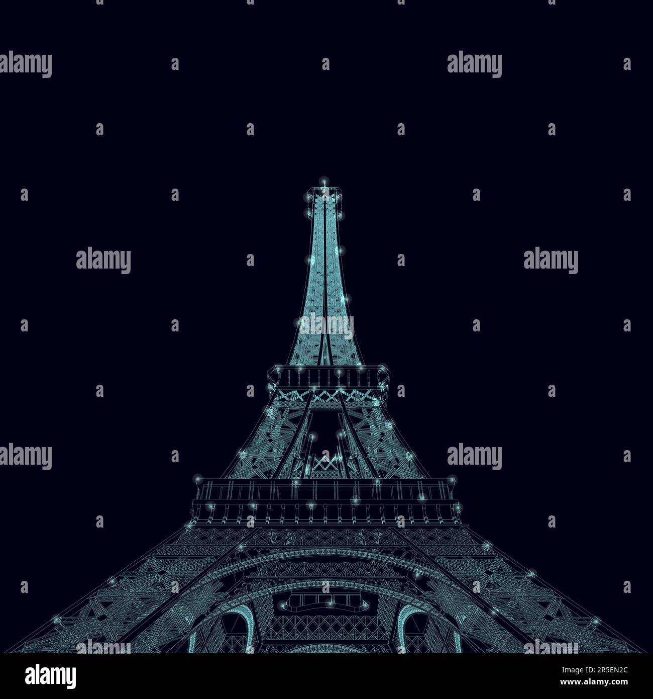 Struttura a reticolo della Torre Eiffel con luci scintillanti dalle linee blu isolate su sfondo scuro. Vista dal basso. 3D. illustrazione vettoriale. Illustrazione Vettoriale