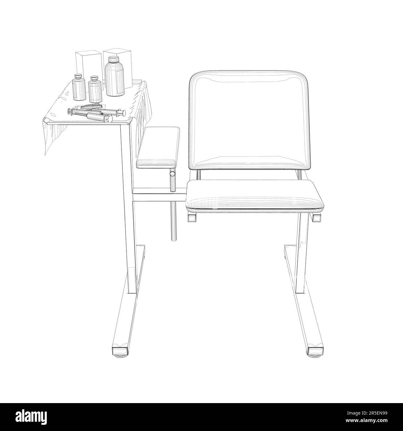 Profilo di una sedia ospedaliera con un tavolo sul lato con medicinali e siringhe da linee nere isolate su sfondo bianco. Vista frontale. 3D. Vect Illustrazione Vettoriale