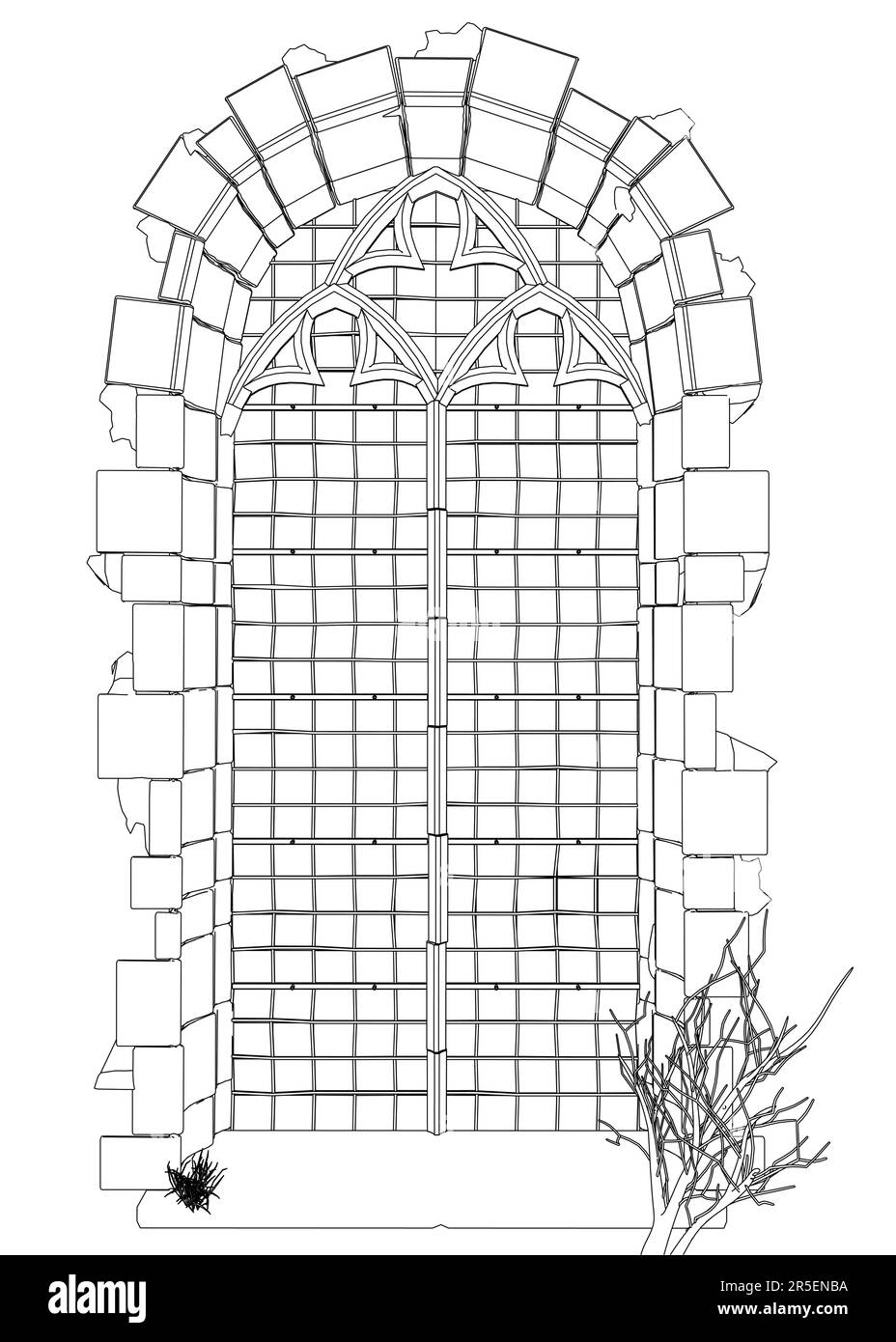 Contorno di una finestra del tempio d'epoca dalle linee nere isolate su uno sfondo bianco. Vista frontale. 3D. Illustrazione vettoriale. Illustrazione Vettoriale