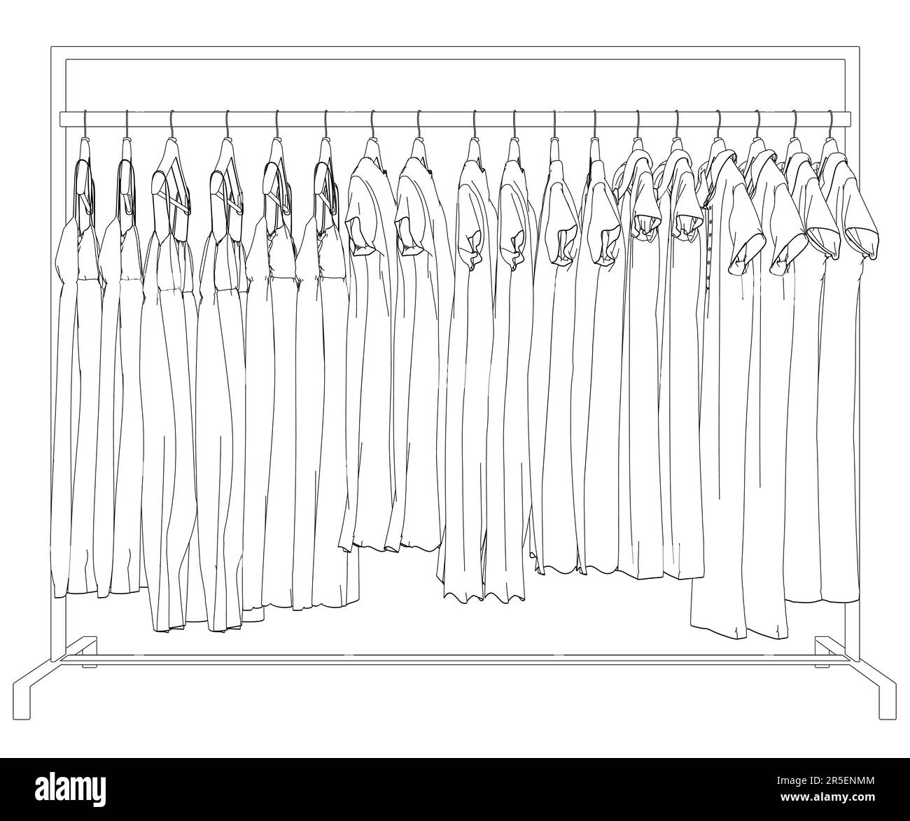 Contorno di abiti appesi su grucce da linee nere isolate su sfondo bianco. Vista laterale. 3D. Illustrazione vettoriale. Illustrazione Vettoriale