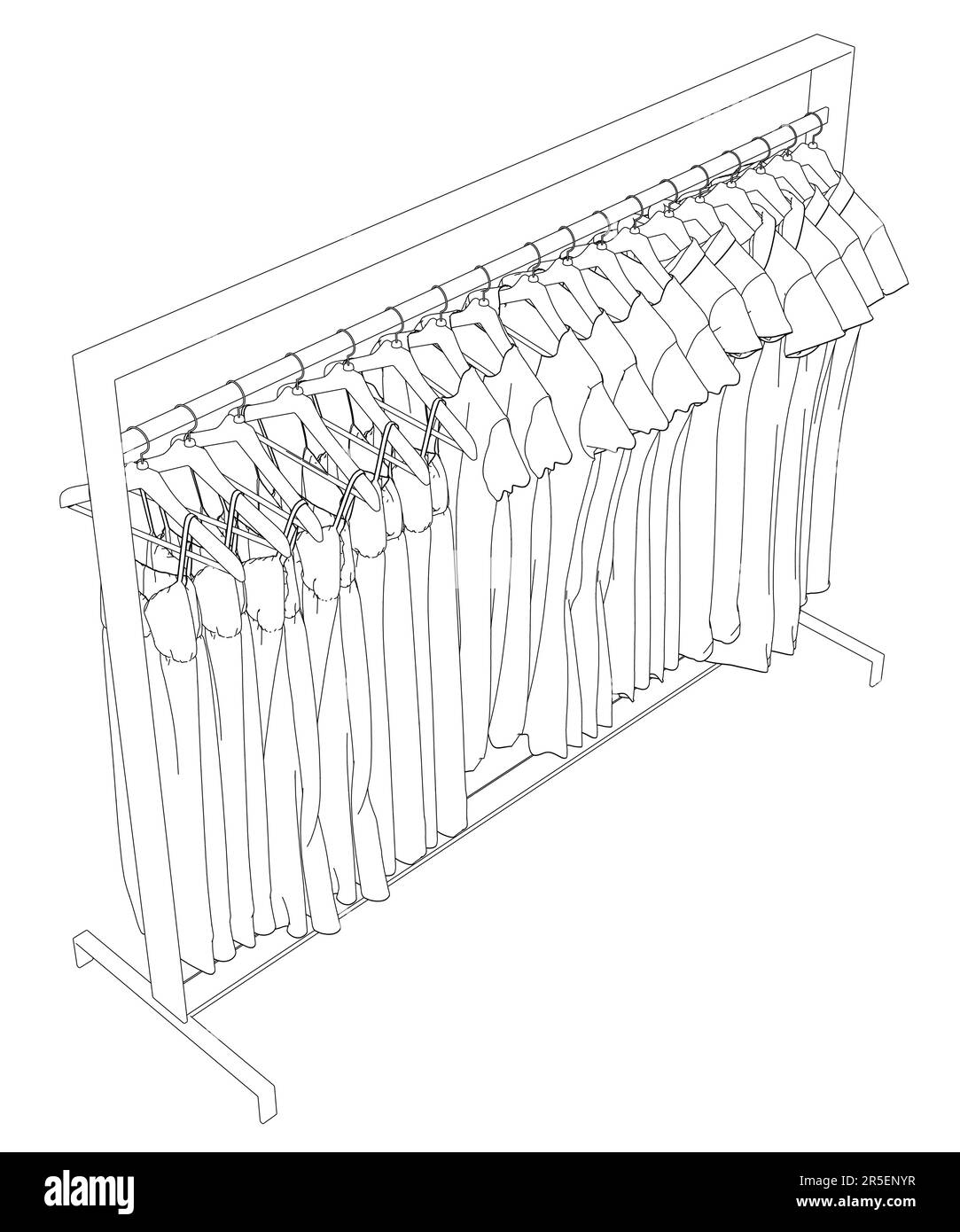 Contorno di abiti appesi su grucce da linee nere isolate su sfondo bianco. Vista isometrica. 3D. Illustrazione vettoriale. Illustrazione Vettoriale
