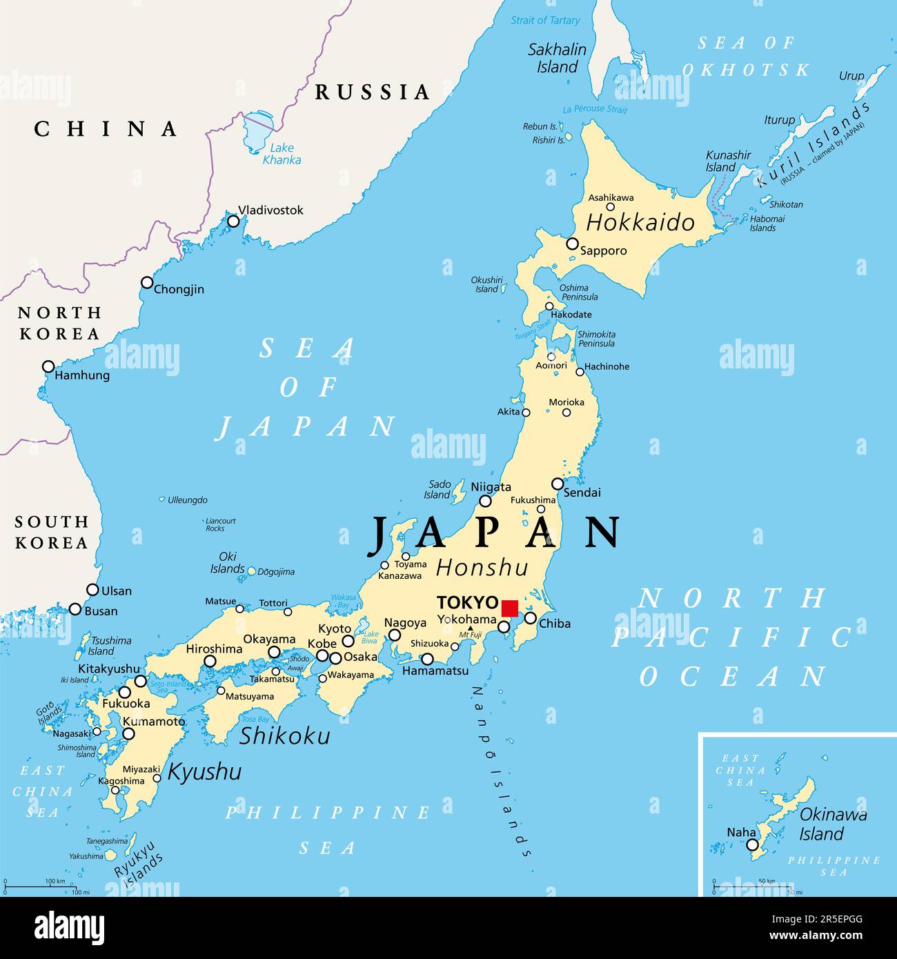 Mappa politica del Giappone. Isole principali Honshu, Hokkaido, Kyushu, Shikoku e Okinawa. Paese dell'isola dell'Asia orientale nel Pacifico settentrionale. Foto Stock