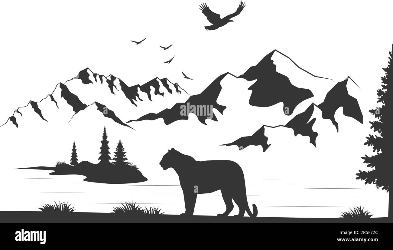 Giungla tropicale, disegno vettoriale di paesaggio di foresta. Cartoon natura piatta dei tropici, panorama con Jaguar silhouette di montagne vulcaniche. Tropicale Illustrazione Vettoriale