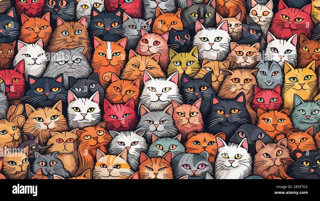 Disegno di sfondo colorato dei gatti. Doodle Art. Illustrazione Vettoriale