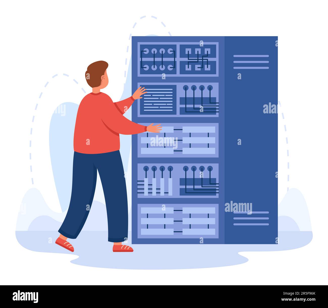 Ingegnere che lavora con apparecchiature server e switchboard Illustrazione Vettoriale