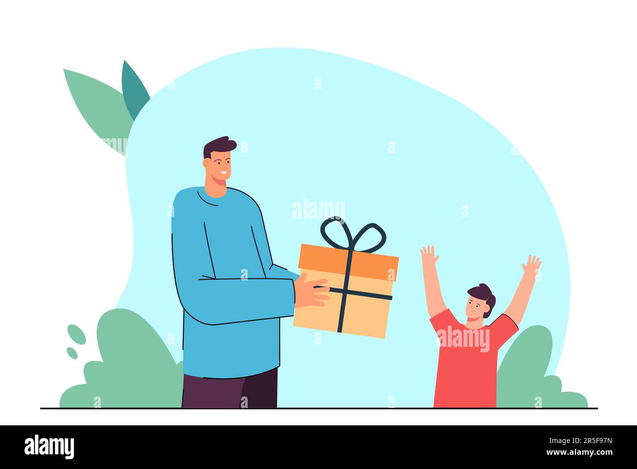 Allegro padre cartone animato che dà la scatola del regalo al figlio felice Illustrazione Vettoriale