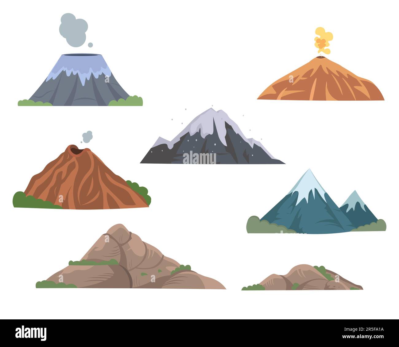 Set di illustrazioni vettoriali piatte sulle cime dei monti e dei vulcani Illustrazione Vettoriale