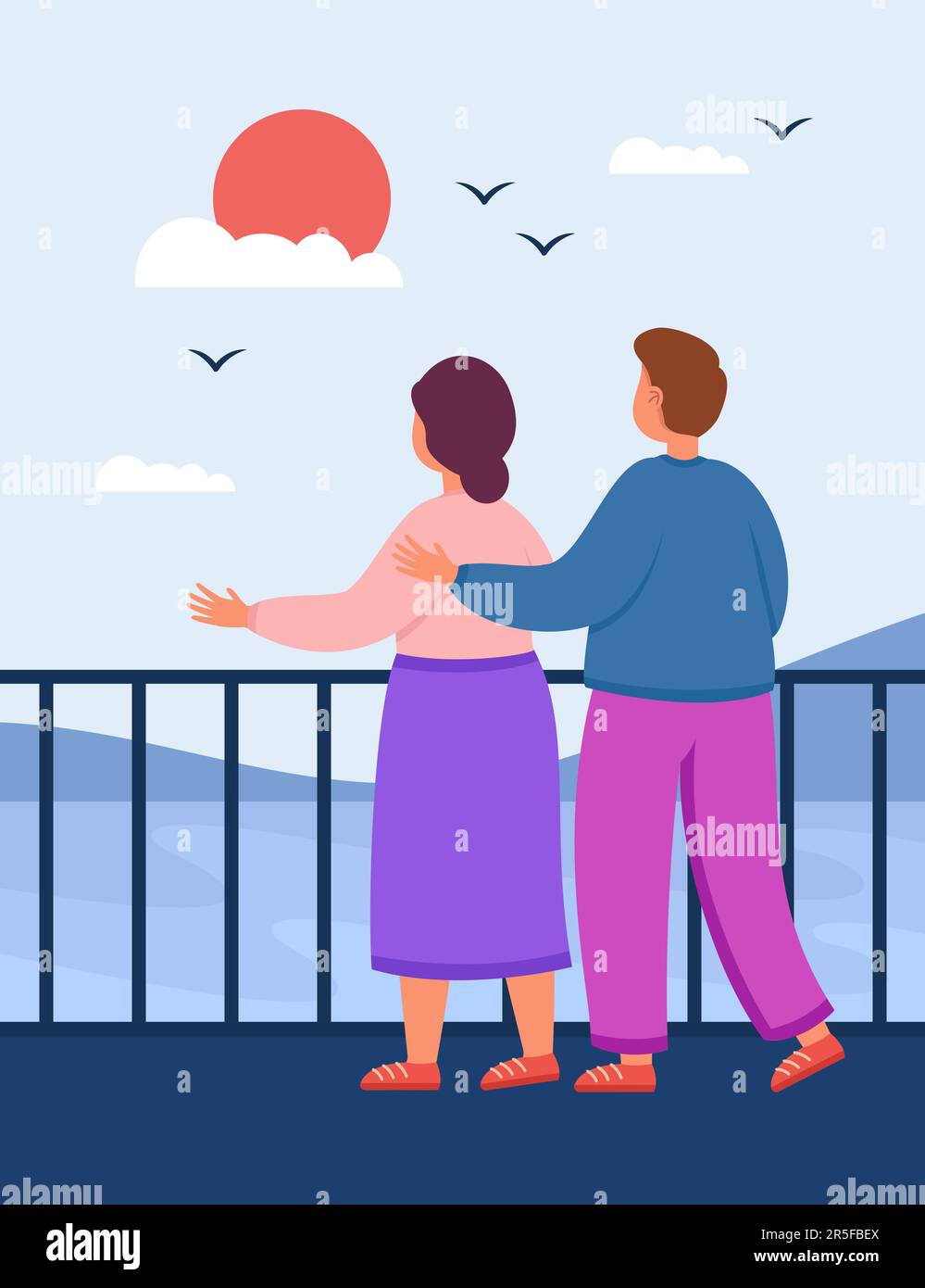 Vista sul retro del ragazzo e della ragazza che guardano il mare Illustrazione Vettoriale