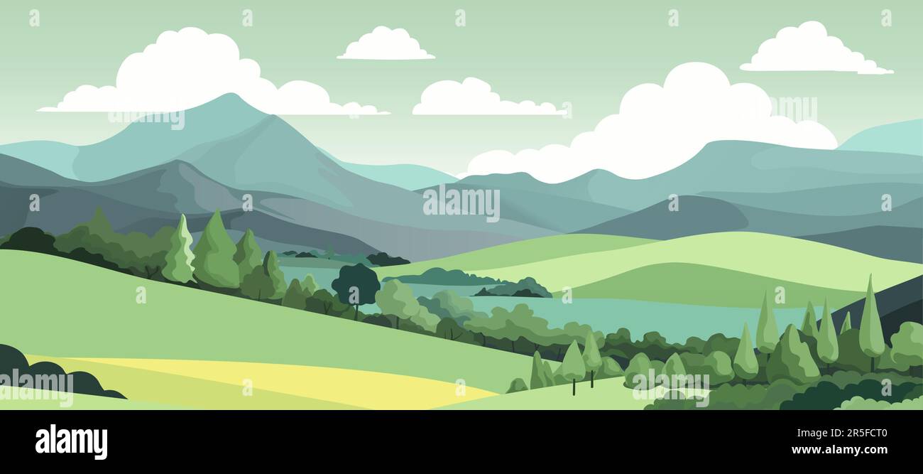 Paesaggio sfondo colline Montagne campi alberi Illustrazione Vettoriale