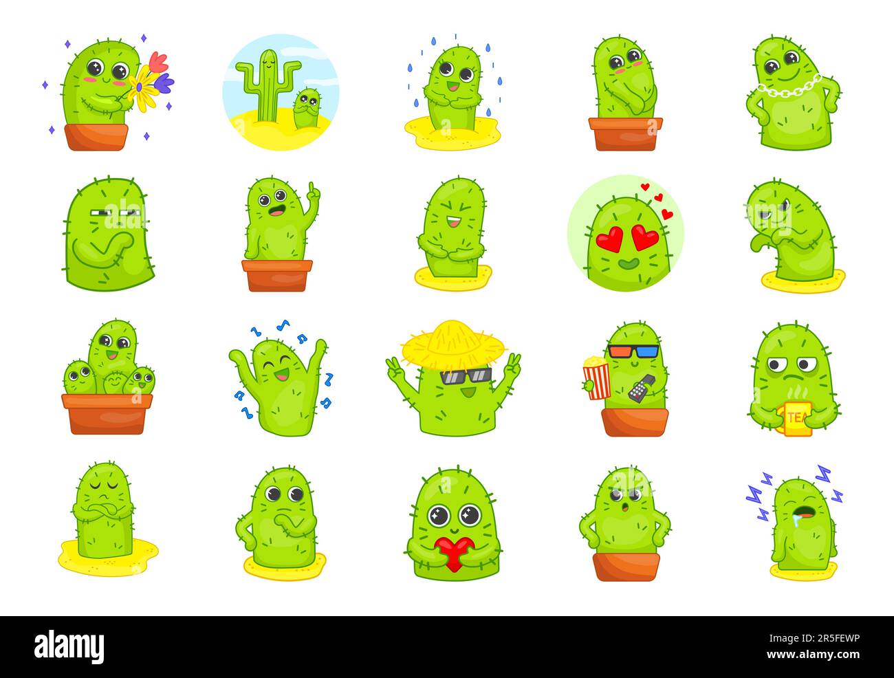 Carino verde cactus cartoon personaggi adesivi set Illustrazione Vettoriale