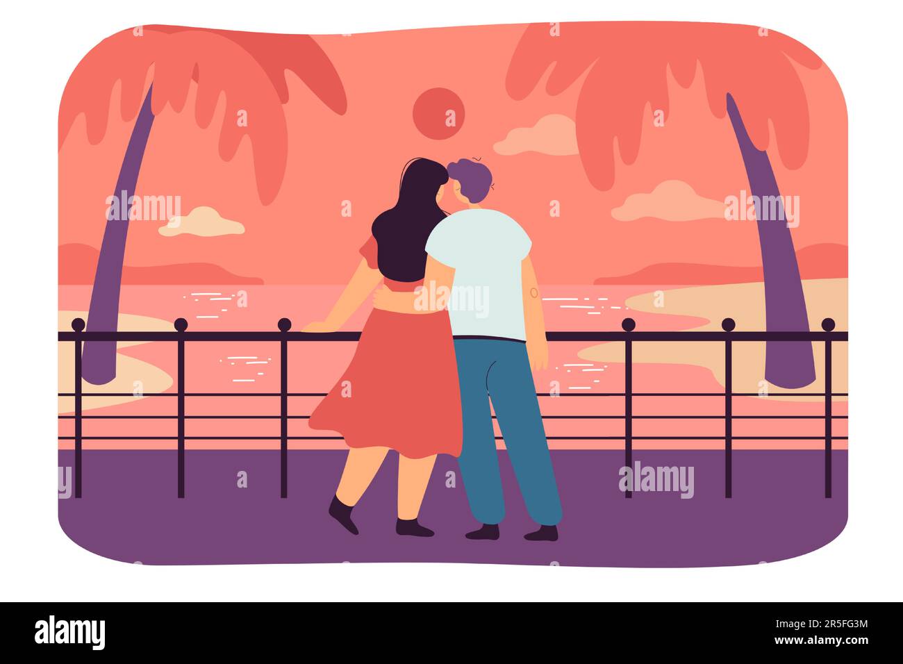 Coppia turistica carina che abbraccia mentre guarda il tramonto sul mare Illustrazione Vettoriale