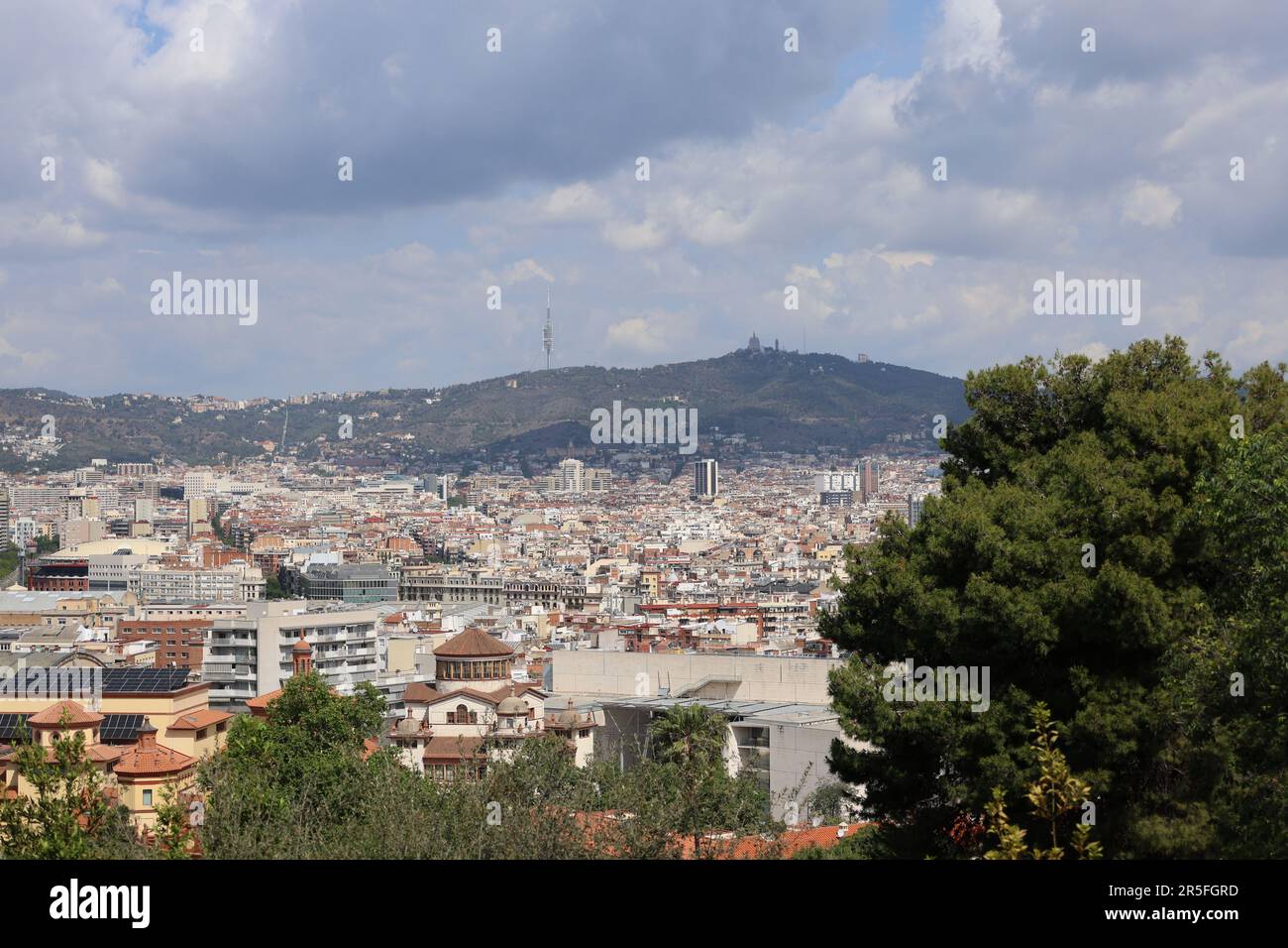 Sulla montagna di Montjuic, si guarda sopra la vasta città di Barcellona. Foto Stock