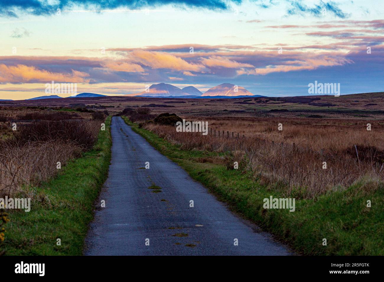 Strada nel paesaggio sull'isola di Islay vicino Loch Gorm guardando verso est con i Paps del Giura sullo sfondo Foto Stock