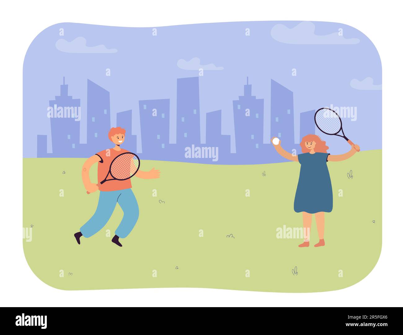 Ragazzo e ragazza che giocano a badminton sullo sfondo della città Illustrazione Vettoriale