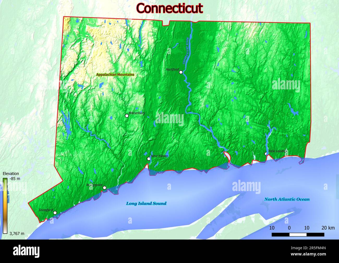 La mappa fisica del Connecticut mostra un terreno variegato con colline ondulate, fertili valli fluviali e fitte foreste. Foto Stock