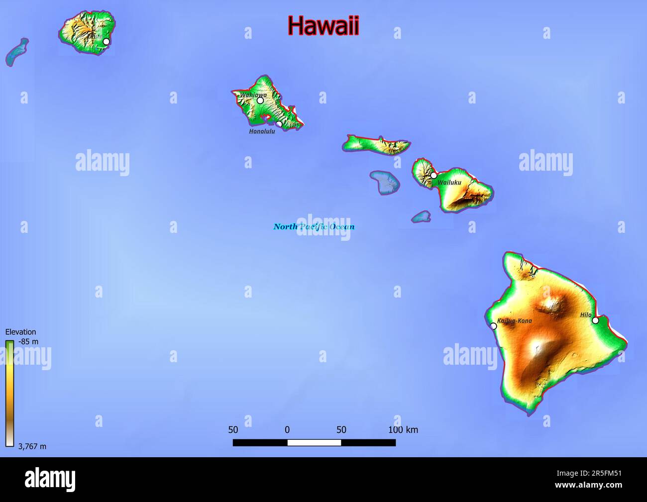 La mappa fisica delle Hawaii mostra un terreno variegato con colline ondulate, fertili valli fluviali e fitte foreste. Foto Stock