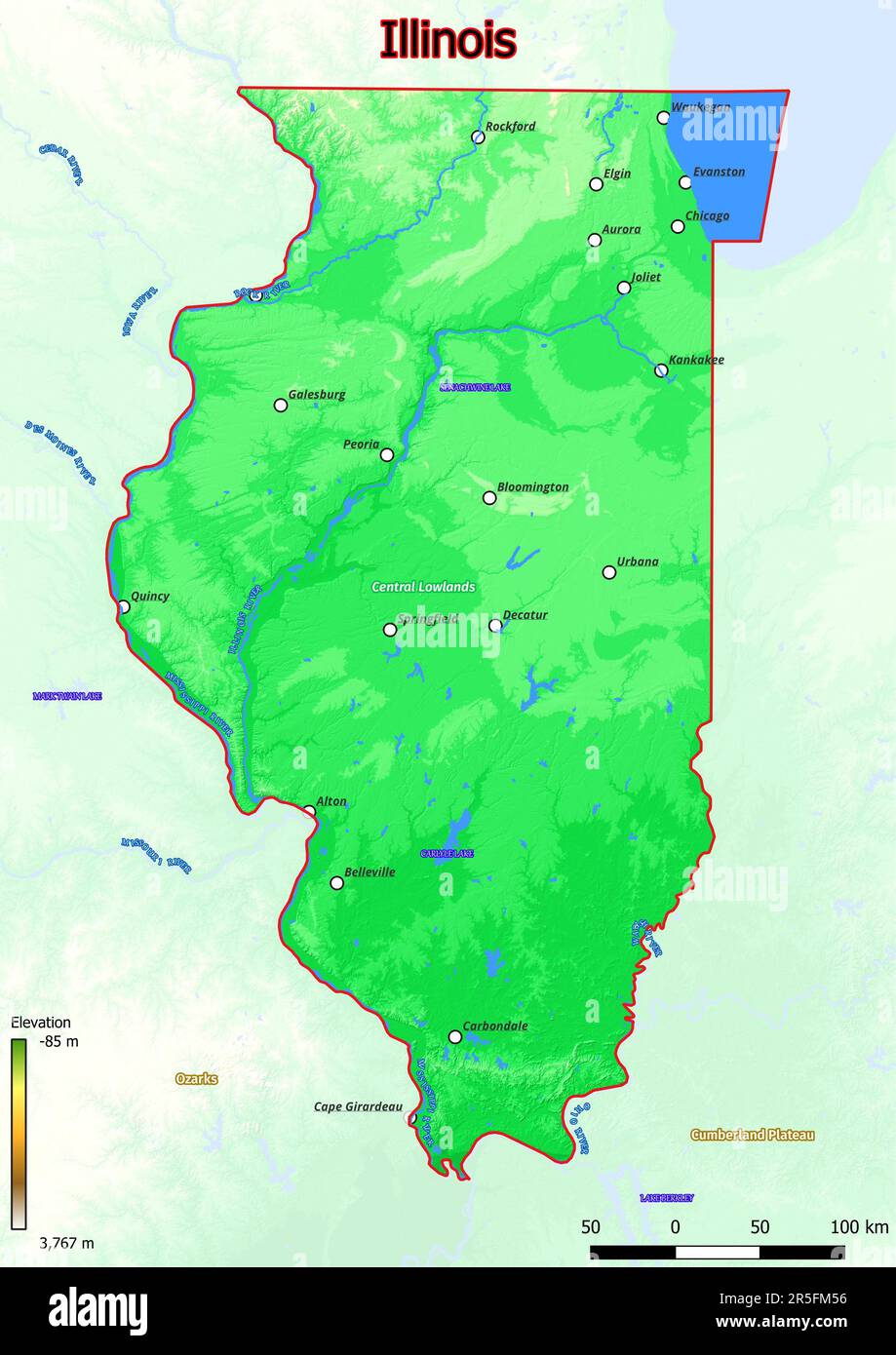 La mappa fisica dell'Illinois mostra le caratteristiche di forma ...