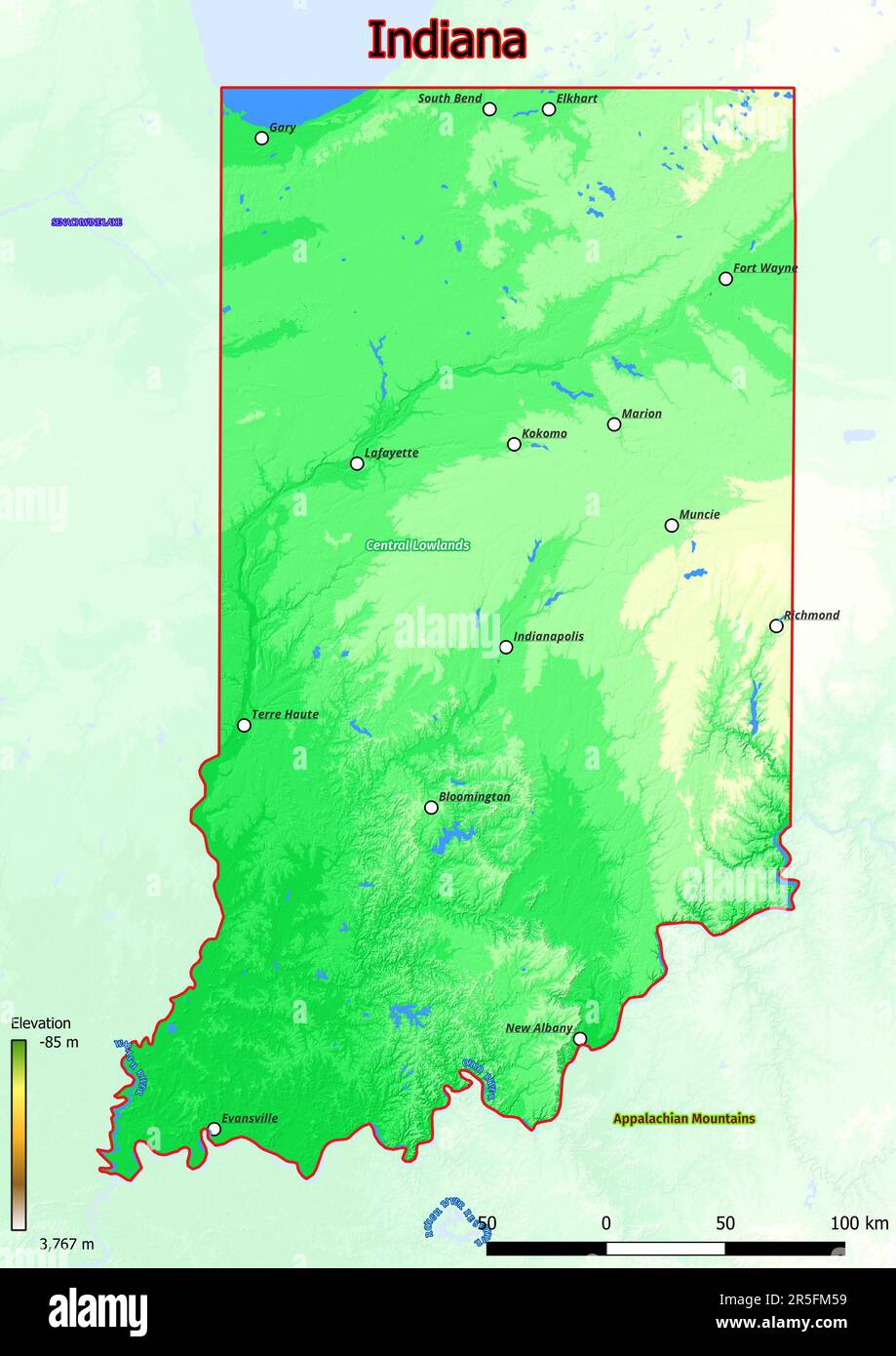 La mappa fisica dell'Indiana mostra le caratteristiche di forma landform quali montagne, colline, pianure, ponti, fiumi, laghi Foto Stock