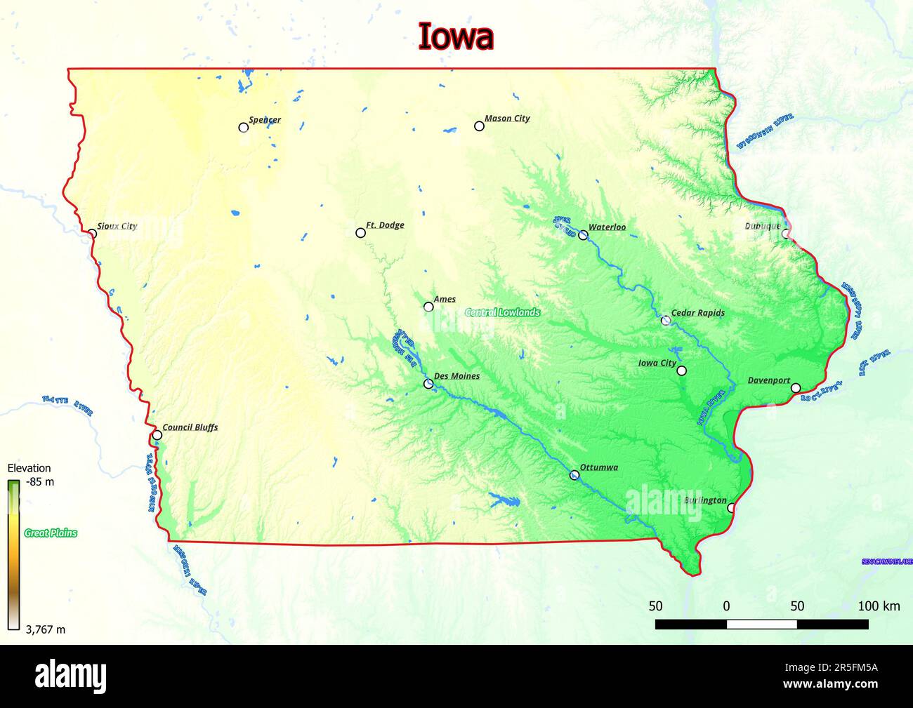 La mappa fisica dell'Iowa mostra le caratteristiche di forma landform quali le montagne, le colline, le pianure, i ponti, i fiumi, laghi Foto Stock