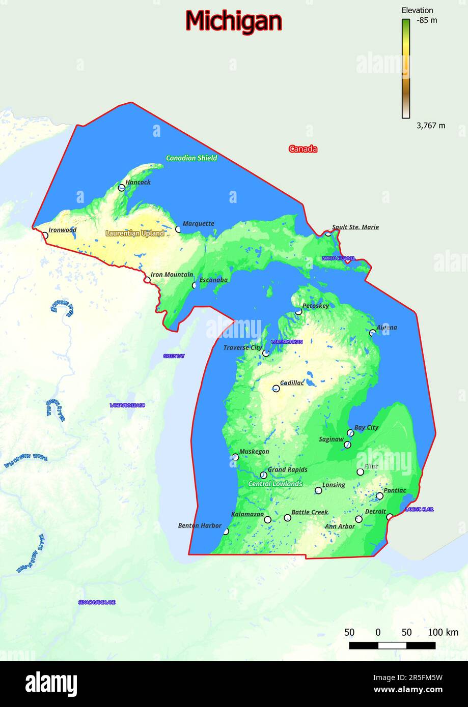 La mappa fisica del Michigan mostra caratteristiche di forma landform come montagne, colline, pianure, ponti, fiumi, laghi Foto Stock