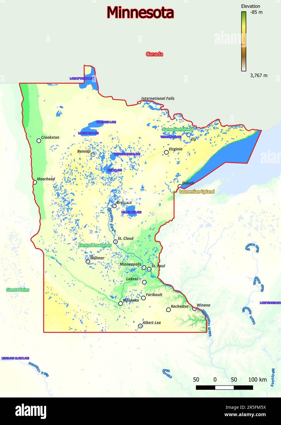Mappa fisica del Minnesota con montagne, pianure, ponti, fiumi, laghi, montagne, città Foto Stock