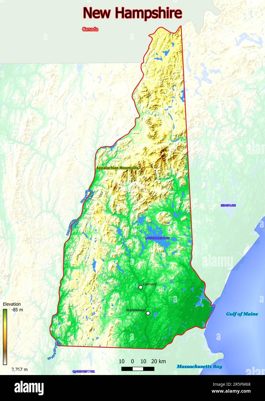 Mappa fisica del New Hampshire con montagne, pianure, ponti, fiumi, laghi, montagne, città Foto Stock