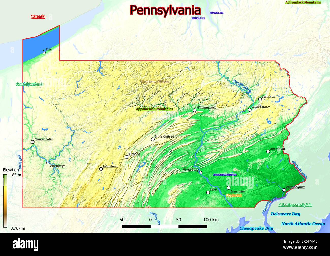 Mappa fisica della Pennsylvania con montagne, pianure, ponti, fiumi, laghi, montagne, città con montagne, pianure, ponti, fiumi Foto Stock