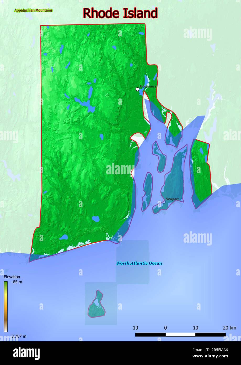 Mappa fisica del Rhode Island con montagne, pianure, ponti, fiumi ...
