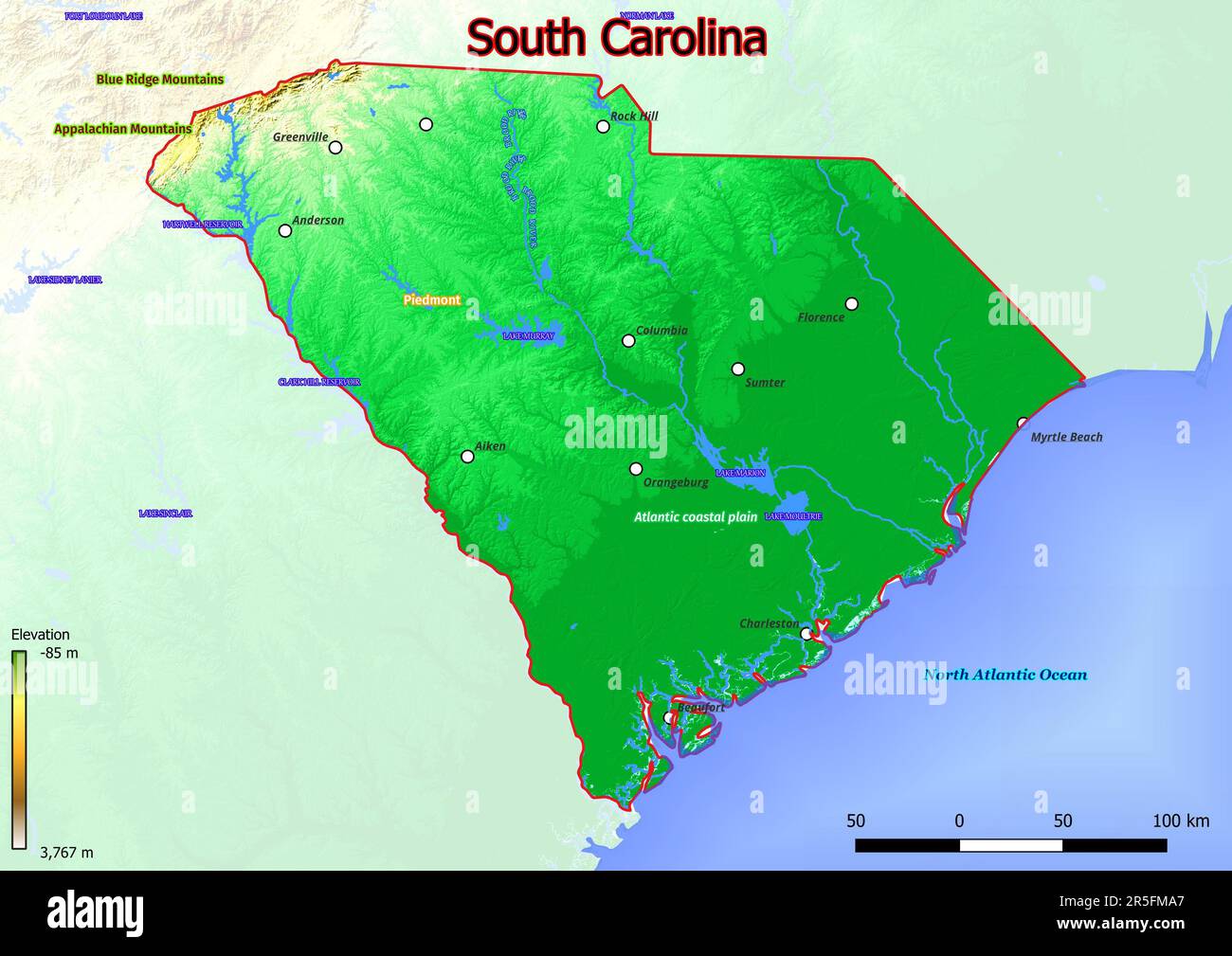 Mappa fisica del South Carolina con montagne, pianure, ponti, fiumi, laghi, montagne, città Foto Stock