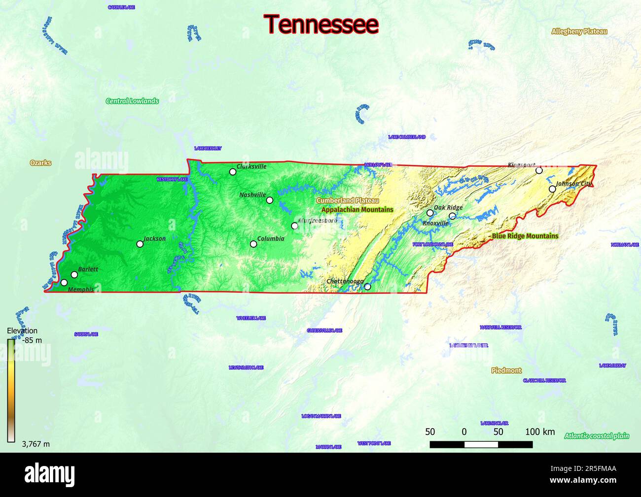 Mappa fisica del Tennessee con montagne, pianure, ponti, fiumi, laghi, montagne, città Foto Stock