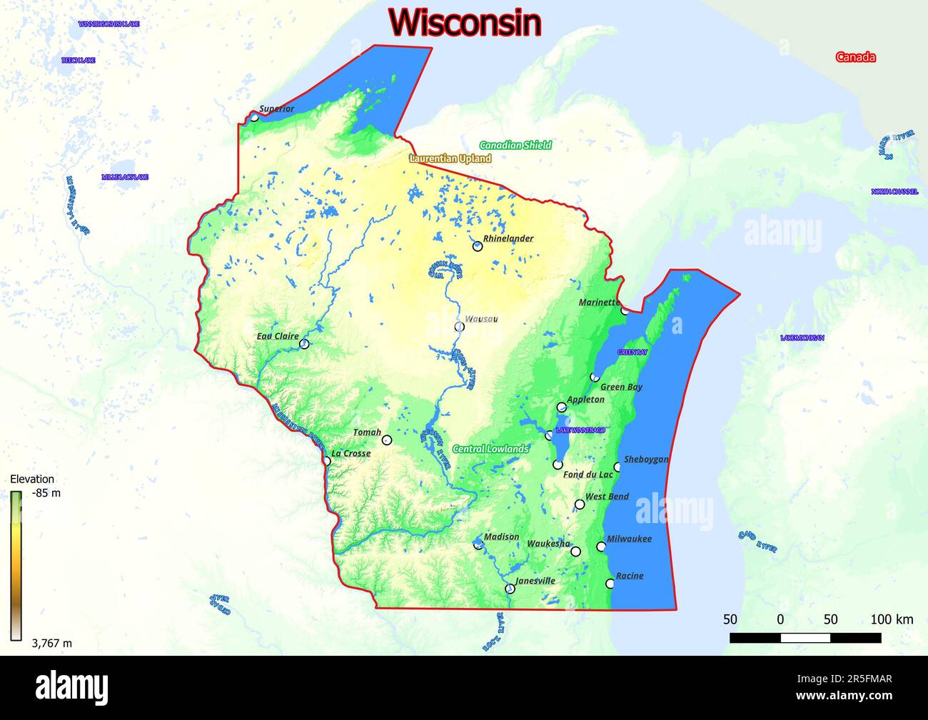 Mappa fisica del Wisconsin con montagne, pianure, ponti, fiumi, laghi, montagne, città Foto Stock