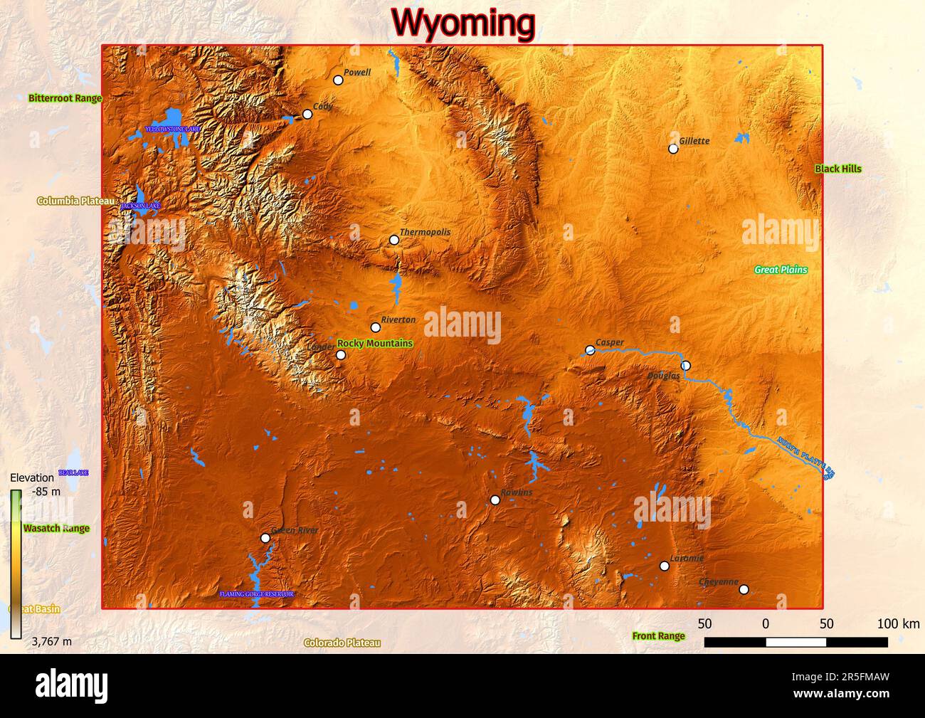 Mappa fisica del Wyoming con montagne, pianure, ponti, fiumi, laghi, montagne, città Foto Stock