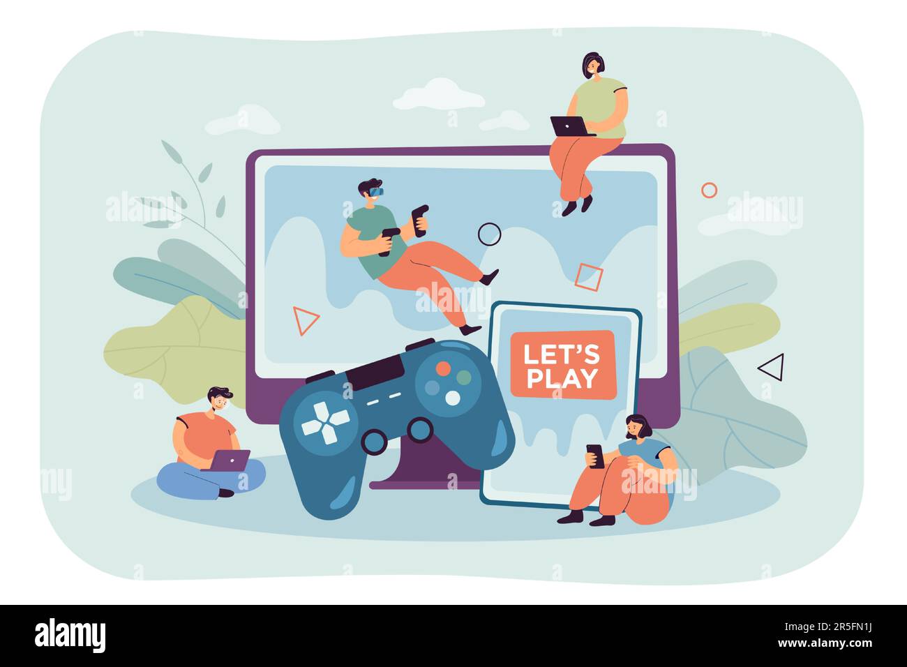 Piccoli giocatori che giocano in giochi multiplayer video online Illustrazione Vettoriale