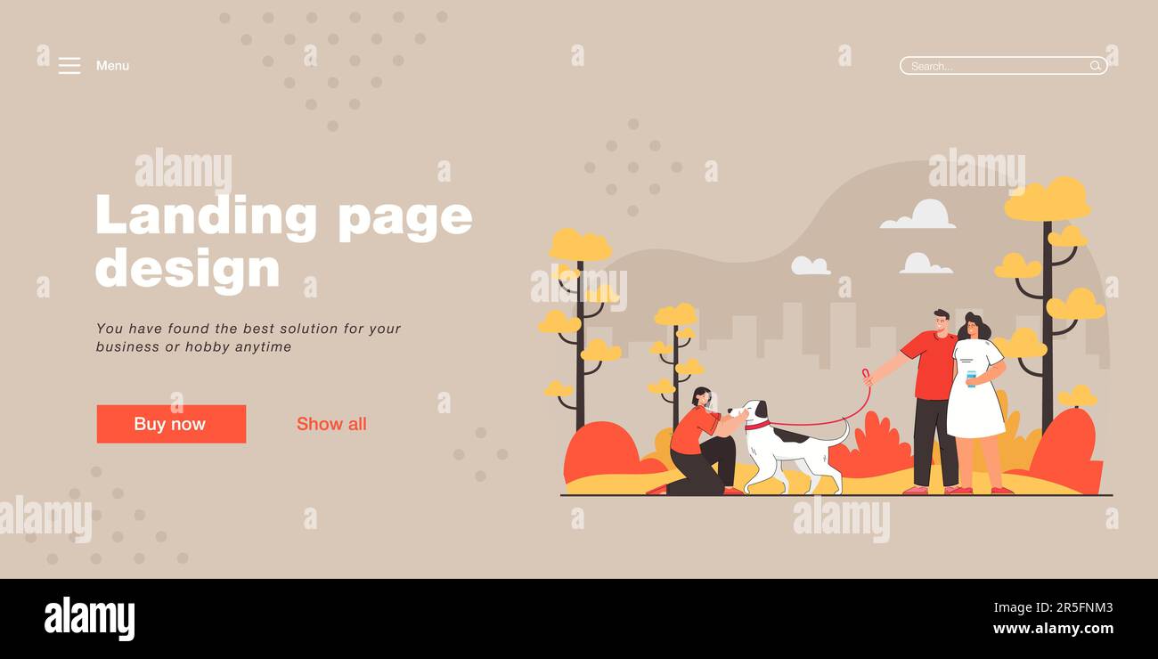 Buon cane da passeggio per la famiglia dei cartoni animati nel parco Illustrazione Vettoriale