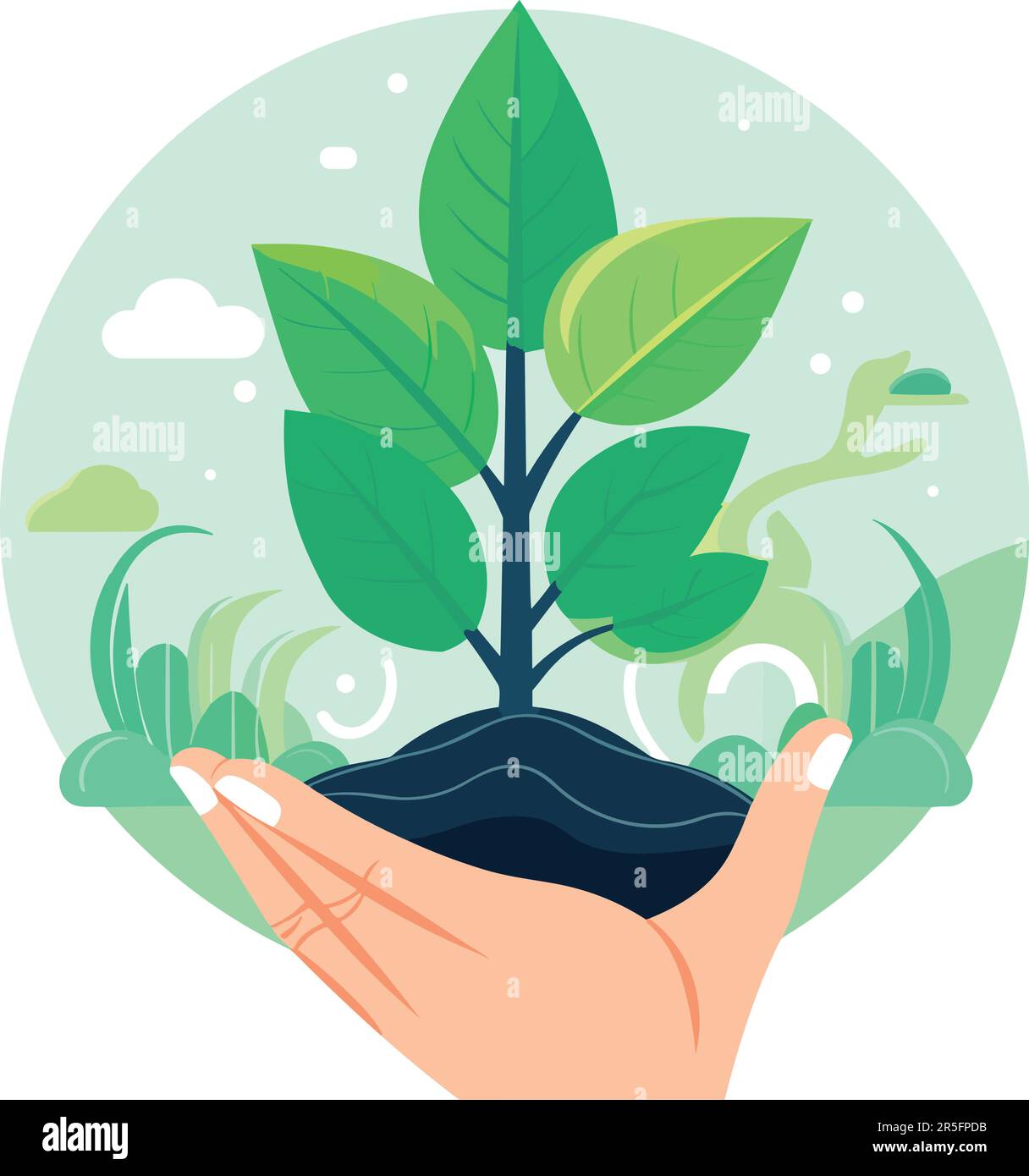 mano che tiene verde pianta in suolo vettore illustrazione isolata su sfondo bianco Illustrazione Vettoriale