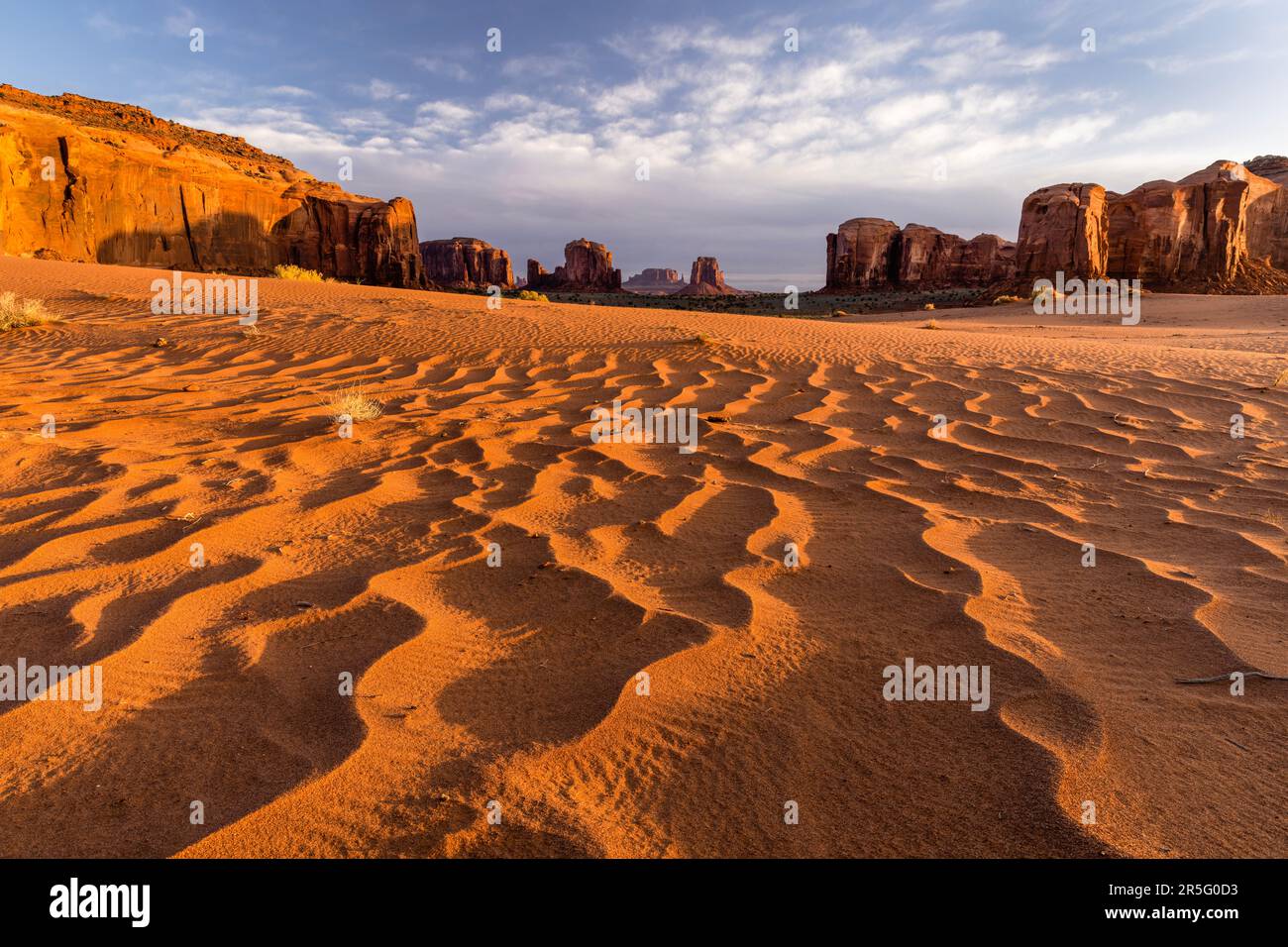 Dune di sabbia Springs all'alba nel Monument Valley Navajo Tribal Park, Arizona, Stati Uniti Foto Stock