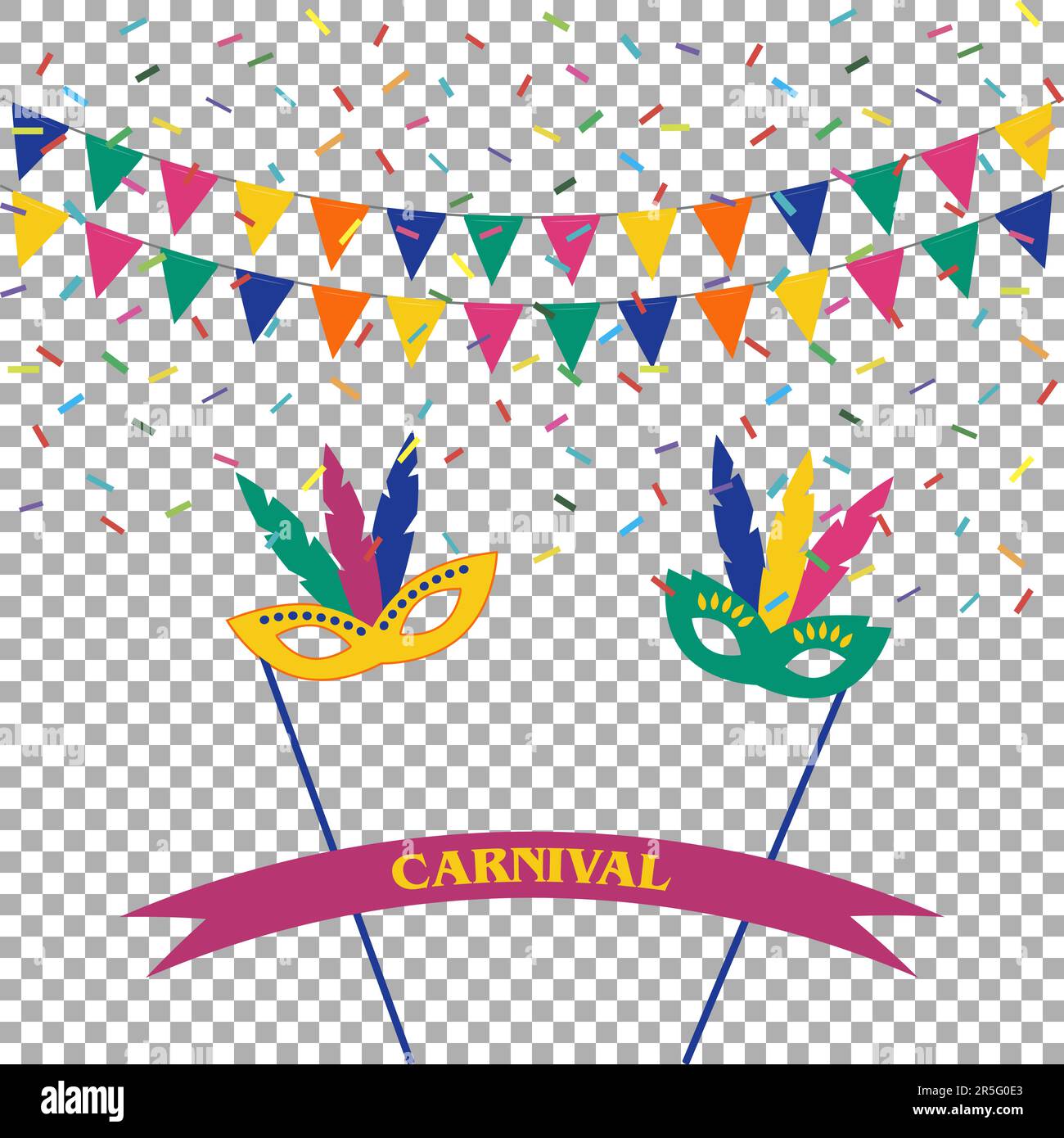 Celebrazione sfondo festivo. Maschere di Carnevale, confetti e bandiere di festa Illustrazione Vettoriale