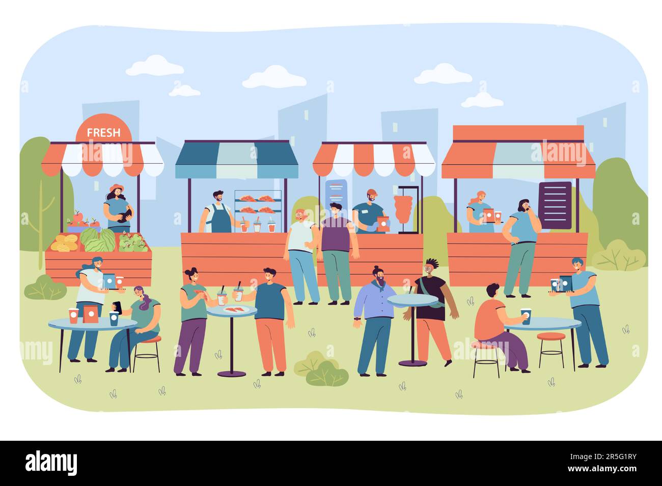 La gente che mangia nel caffè della corte del cibo o nel mercato di strada estivo Illustrazione Vettoriale