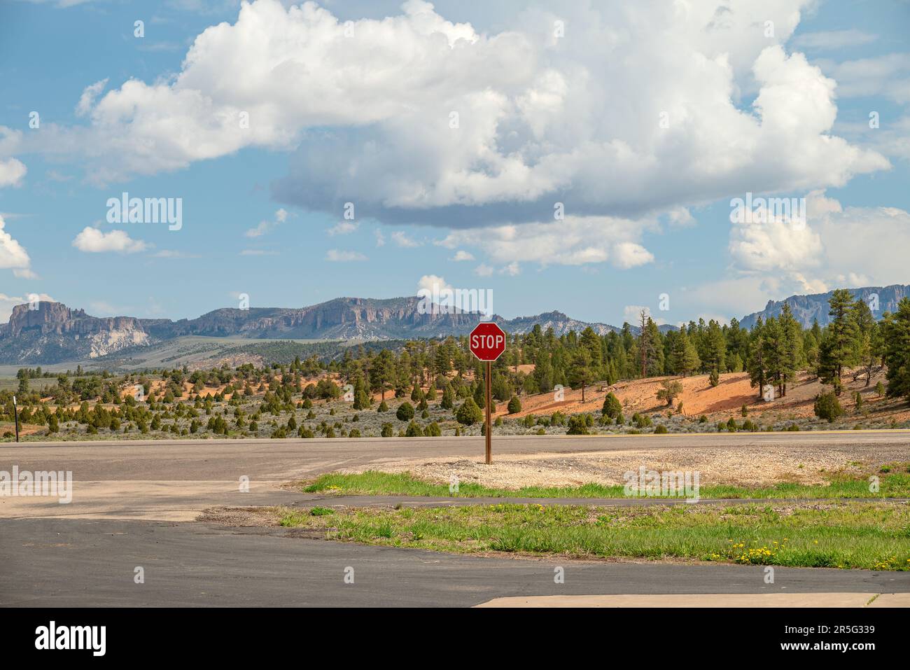 Segnale di stop e vista su una strada di campagna dello stato dello Utah. Foto Stock