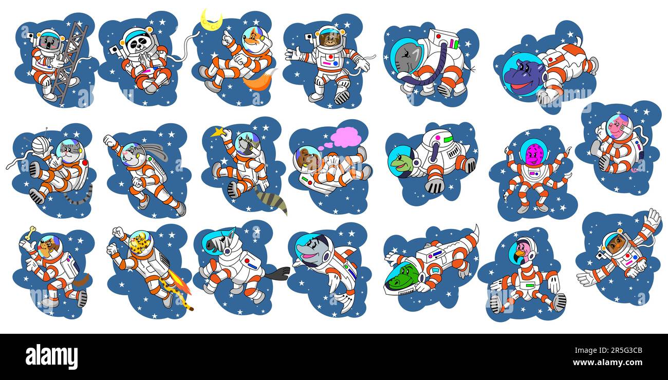 Simpatici personaggi animalier come set di adesivi astronauti Illustrazione Vettoriale