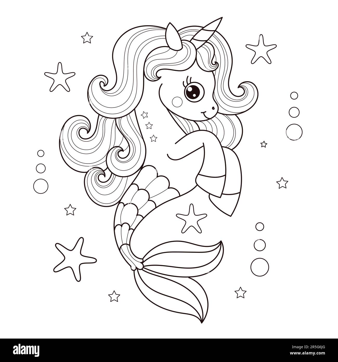 Unicorno di cavalluccio marino cartoon. Disegno lineare in bianco e nero. Per la progettazione dei bambini di libri da colorare, poster, adesivi, cartoline e così via. VECTO Illustrazione Vettoriale