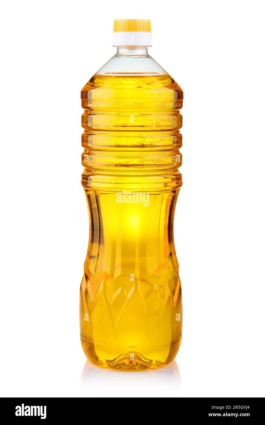 Bottiglia di olio di semi di girasole isolati su sfondo bianco Foto Stock