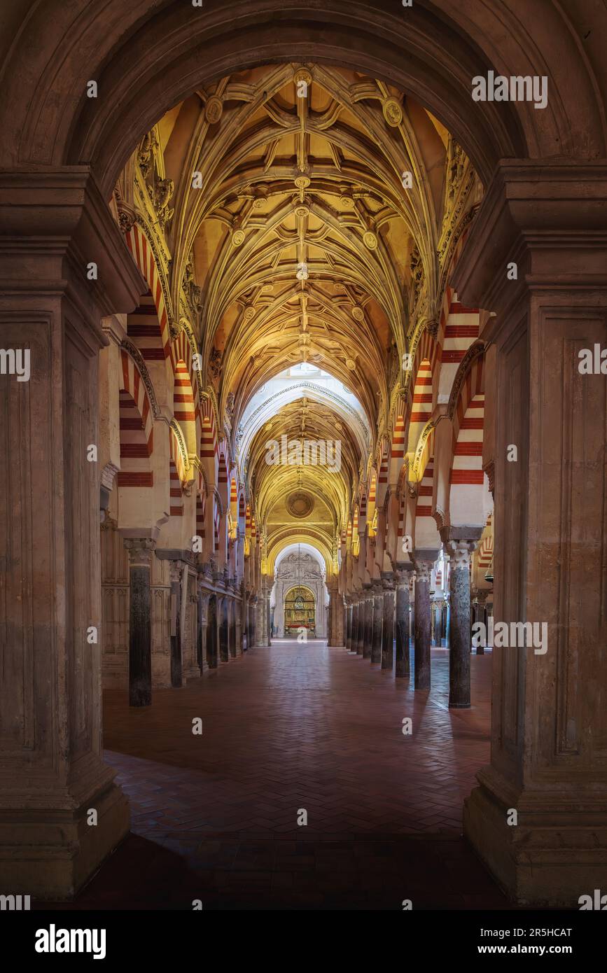 Volta di Rib, archi e colonne alla moschea-cattedrale di Cordoba - Cordoba, Andalusia, Spagna Foto Stock