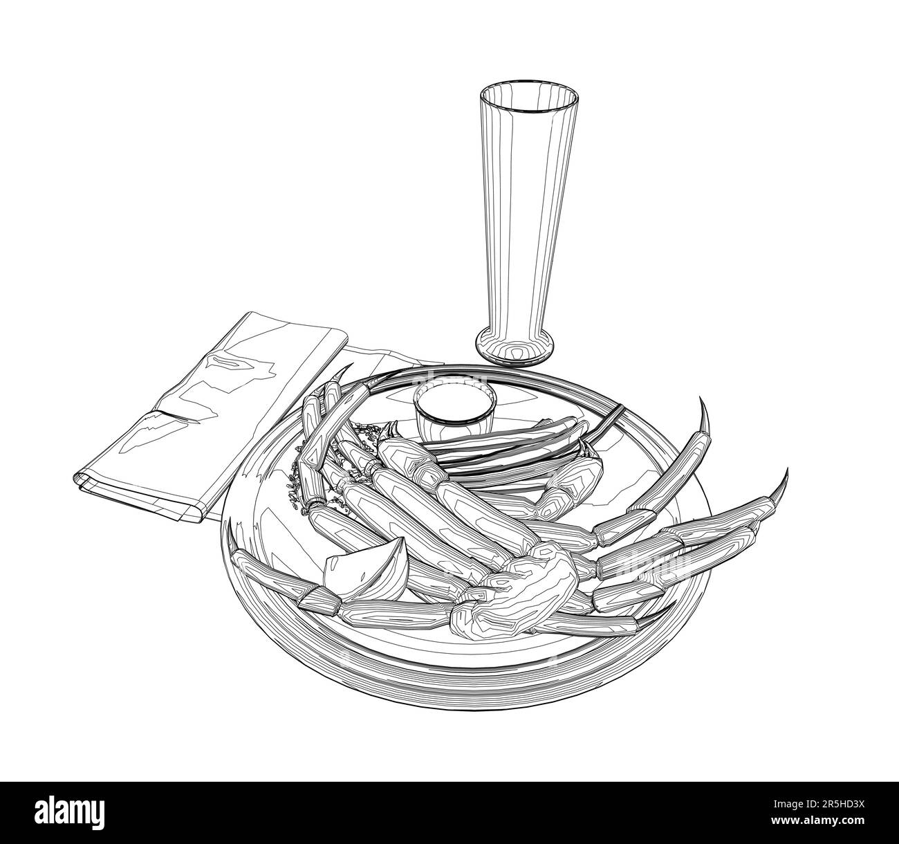 Contorno di un piatto con granchio su un piatto, un tovagliolo e un bicchiere dalle linee nere isolato su uno sfondo bianco. Vista isometrica. Illustrazione vettoriale. Illustrazione Vettoriale