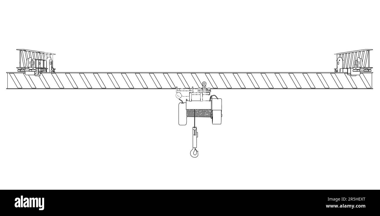 Profilo di una gru mobile da linee nere isolate su sfondo bianco. Vista frontale. 3D. Illustrazione vettoriale. Illustrazione Vettoriale