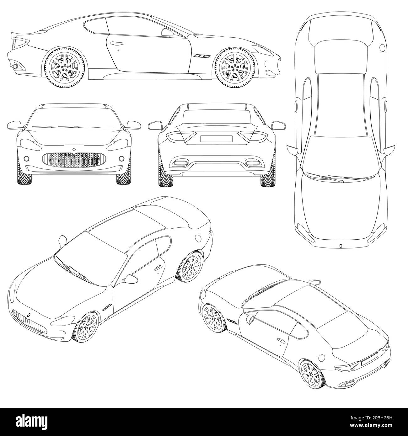 Si presenta con i contorni di un'auto sportiva dalle linee nere isolate su uno sfondo bianco. Vista superiore, laterale, posteriore, isometrica, frontale. 3D. Illustrazione vettoriale Illustrazione Vettoriale