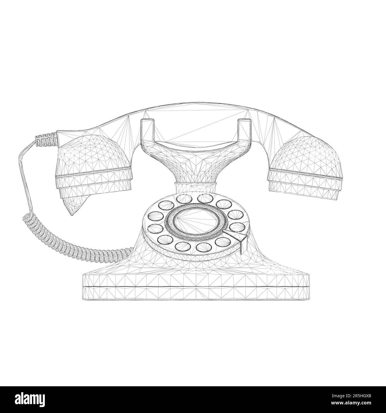 Struttura a reticolo di un vecchio telefono cablato da linee nere isolate su sfondo bianco. Vista frontale. 3D. Illustrazione vettoriale. Illustrazione Vettoriale