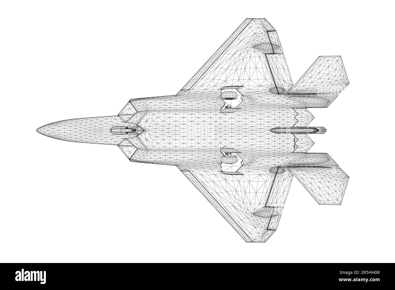 Wireframe del jet da combattimento dalle linee nere isolate su sfondo bianco. Vista dal basso. 3D. Illustrazione vettoriale. Illustrazione Vettoriale