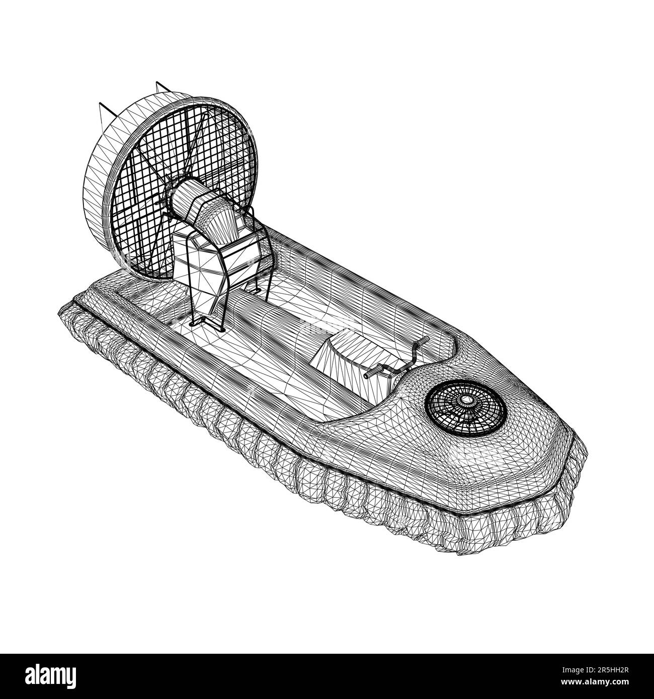 Struttura a reticolo della barca su un cuscino con un'elica dalle linee nere isolate su uno sfondo bianco. Vista isometrica. 3D. Illustrazione vettoriale. Illustrazione Vettoriale